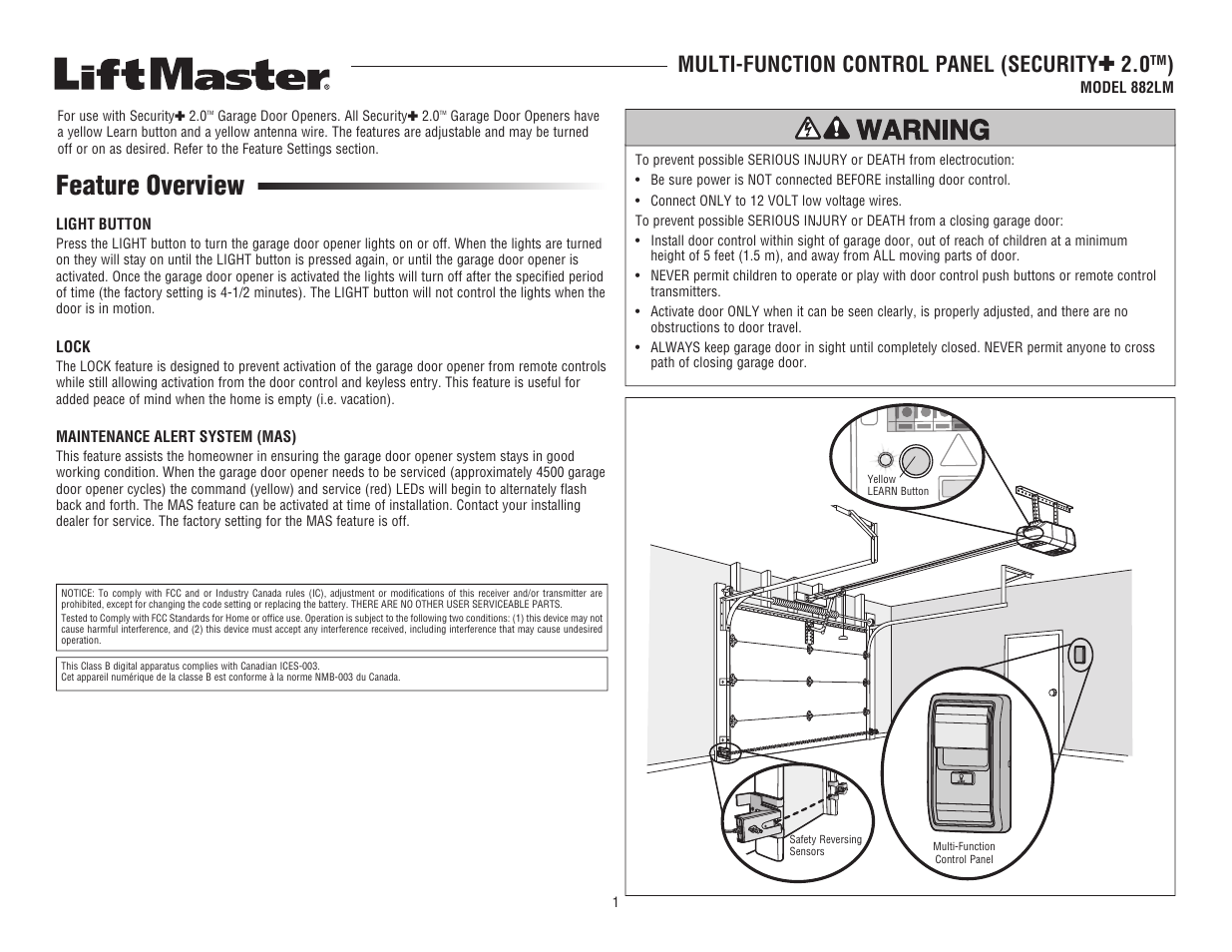 LiftMaster 882LM Multi-Function Control Panel Manuel d'utilisation