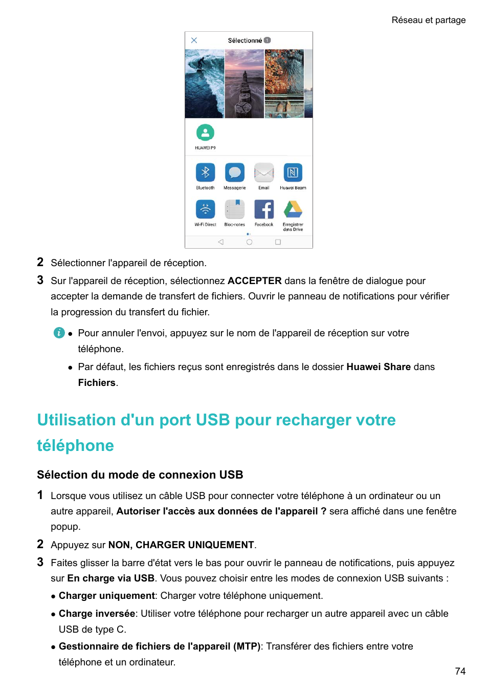 Sélection du mode de connexion usb | Huawei Mate 9 Pro Manuel d