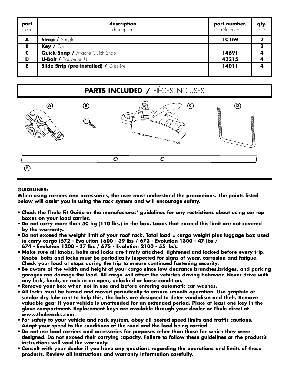 Parts included pi ces incluses Thule 675 Manuel d utilisation