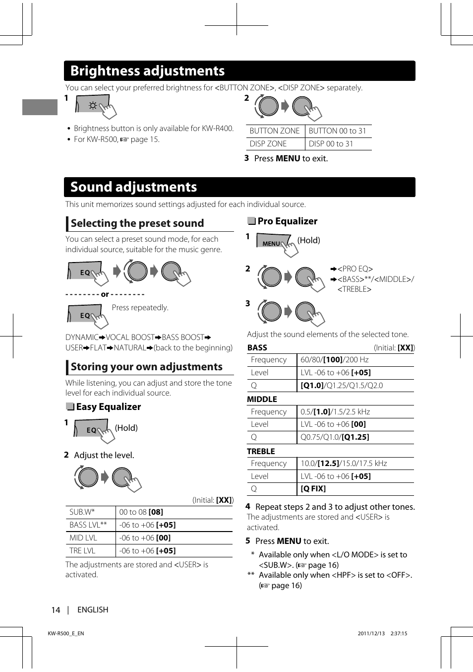 Sound Adjustments Brightness Adjustments Selecting The Preset Sound Jvc Kw R500 Manuel D Utilisation Page 14 42