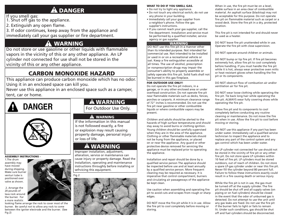 Danger Warning Carbon monoxide hazard Camp Chef FP29LG Manuel