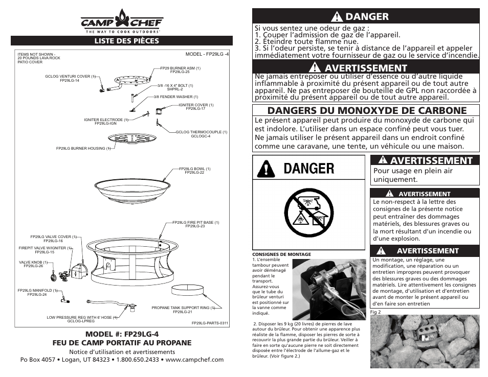 Danger Avertissement Dangers du monoxyde de carbone Camp Chef