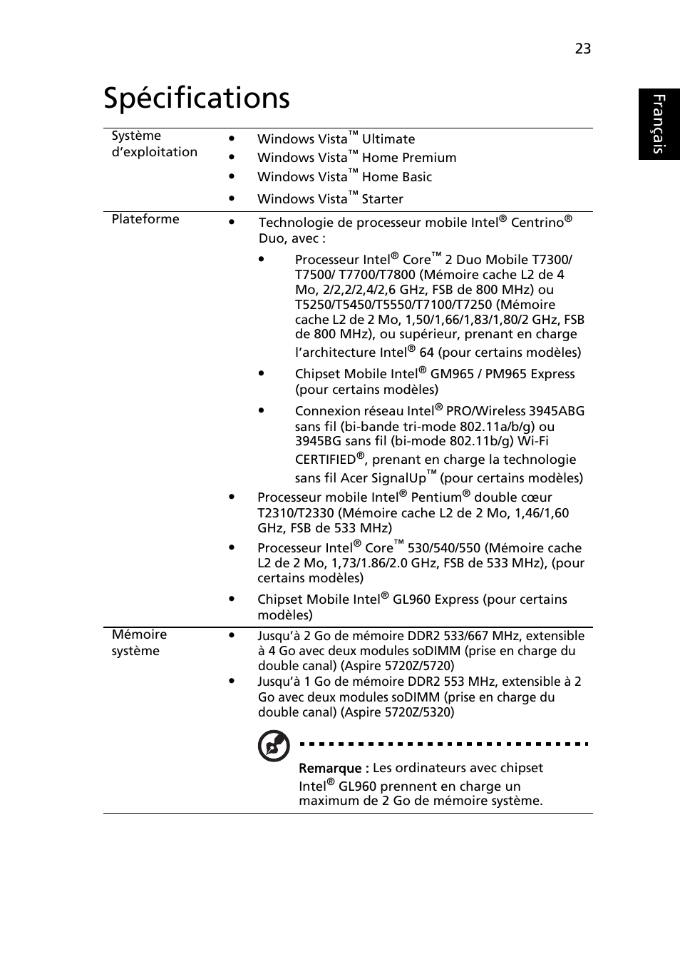 Spécifications, Français | Acer Aspire 5320 Manuel d'utilisation | Page 43  / 127