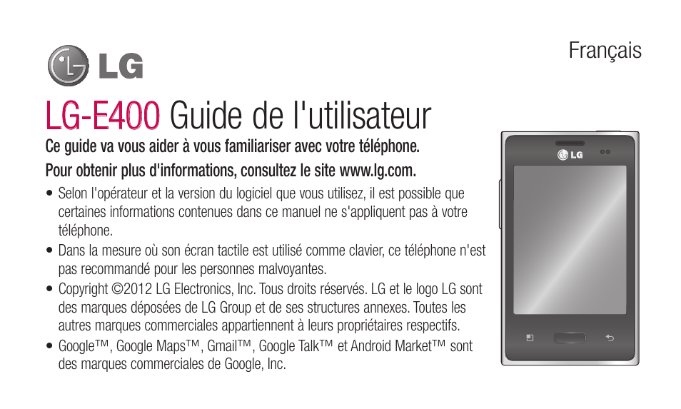 Lg-e400 guide de l'utilisateur | LG LGE400 Manuel d'utilisation | Page