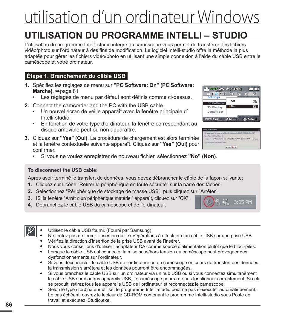 Utilisation du programme intelli – studio, Utilisation d'un ordinateur  windows | Samsung SMX-C20LN Manuel d'utilisation | Page 96 / 122 | Mode  Original