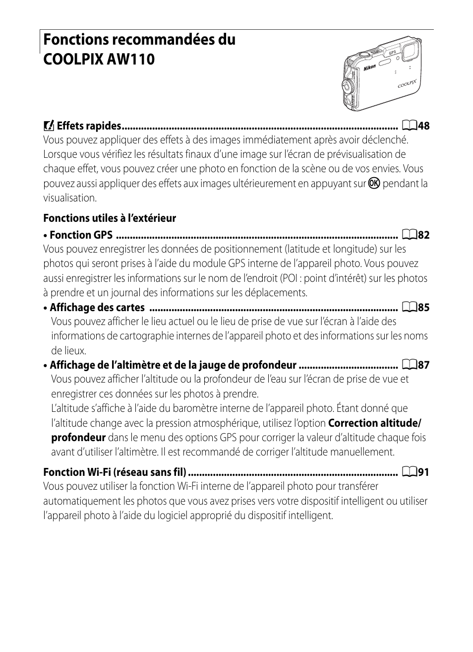 Fonctions recommandées du coolpix aw110 | Nikon COOLPIX-AW110 Manuel d