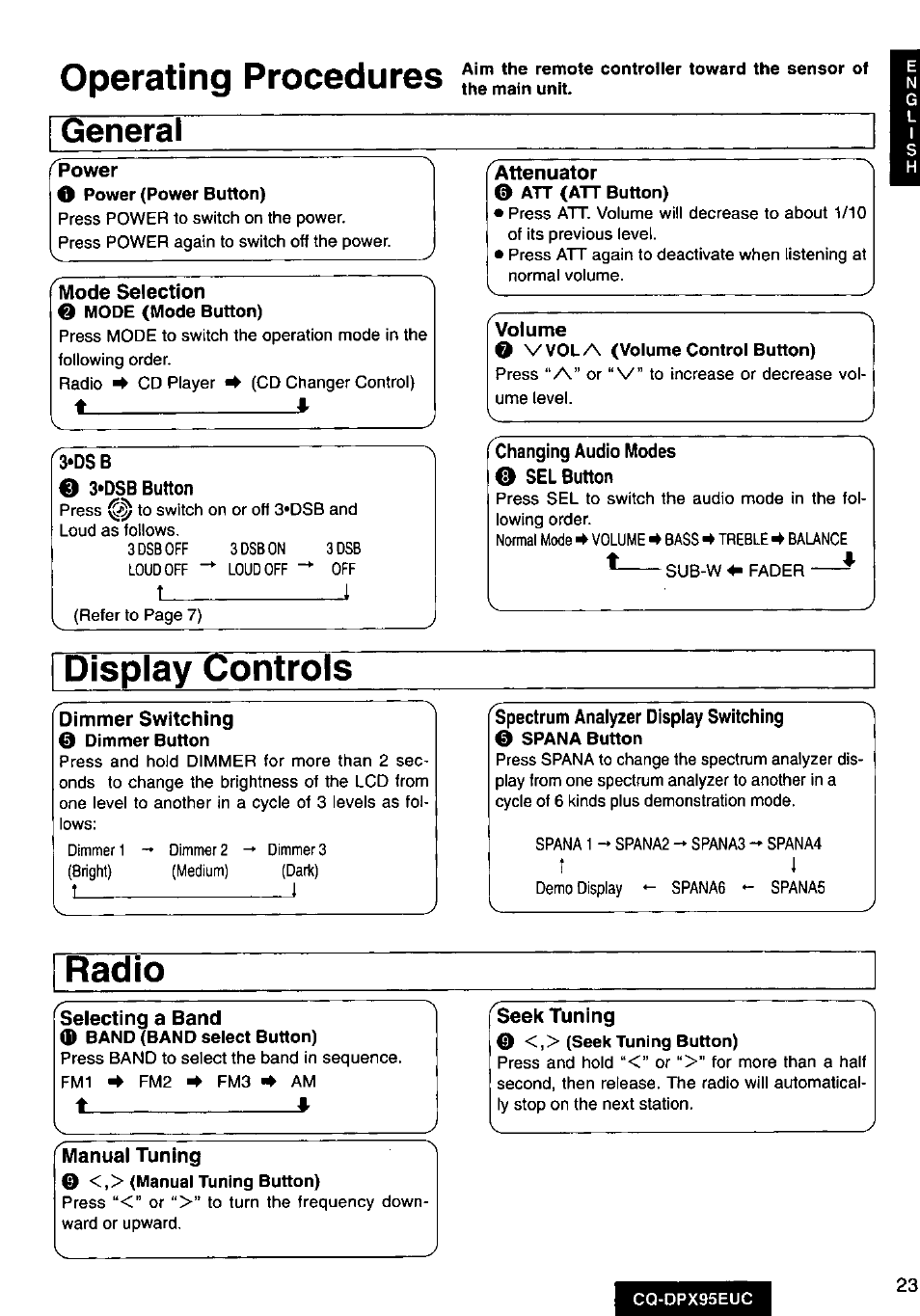 Operating Procedures Display Controls Radio Panasonic Removable Full Front High Power Cd Player Receiver With Changer Control Cq Dpx95euc Manuel D Utilisation Page 23 68 Mode Original