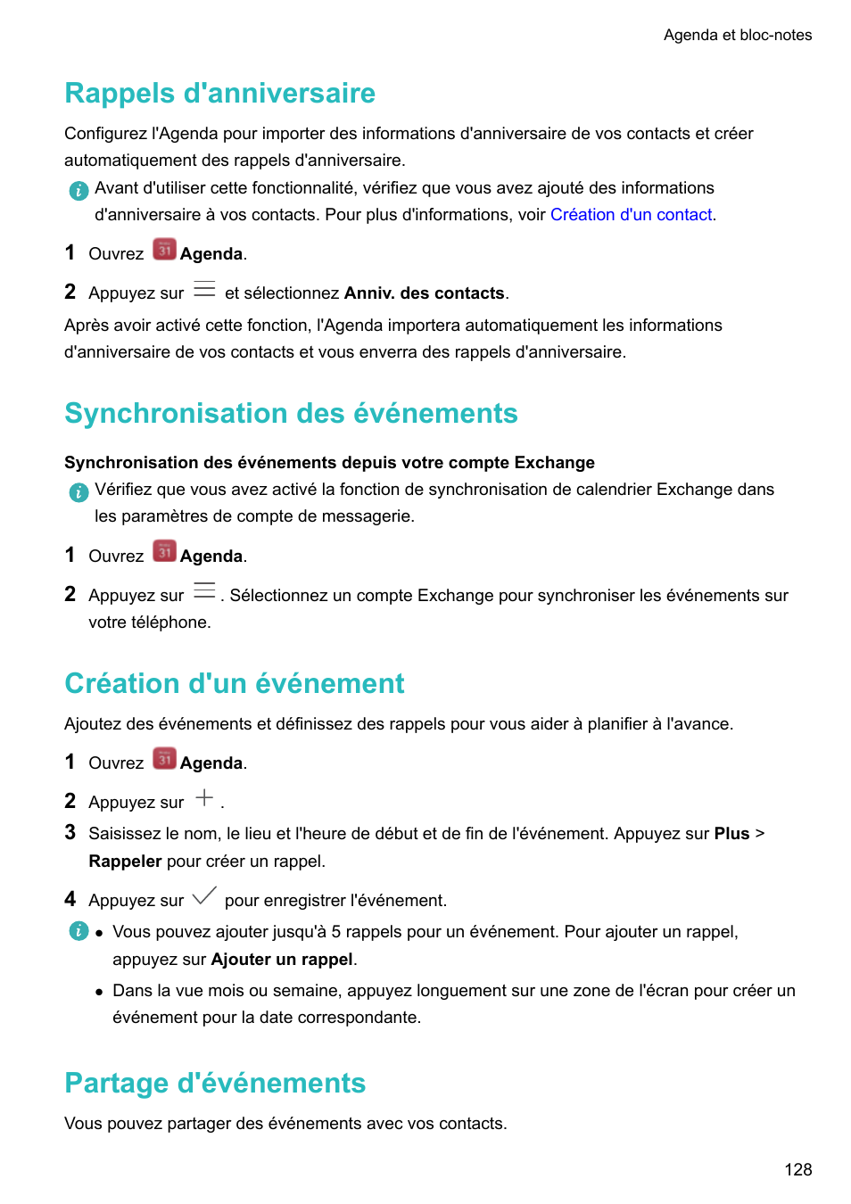 Rappels D Anniversaire Synchronisation Des Evenements Creation D Un Evenement Huawei Mate 9 Pro Manuel D Utilisation Page 134 212